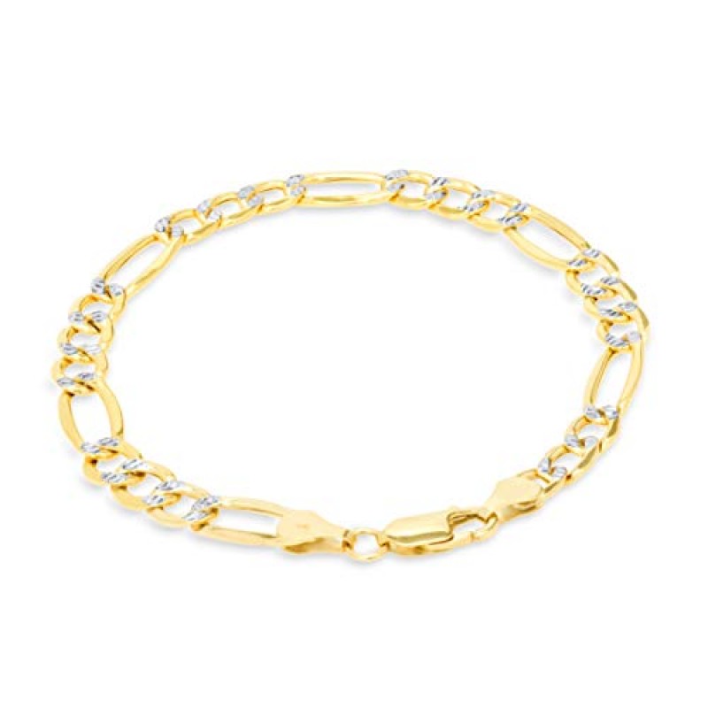Nuragold 14k 옐로우 골드 솔리드 7.5mm 피가로 체인 링크 다이아몬드 컷 포장 투톤 팔찌, 남성 주얼리 7