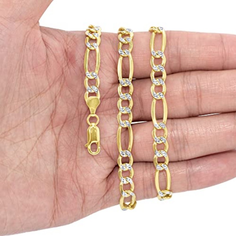 Nuragold 14k 옐로우 골드 솔리드 7.5mm 피가로 체인 링크 다이아몬드 컷 포장 투톤 팔찌, 남성 주얼리 7