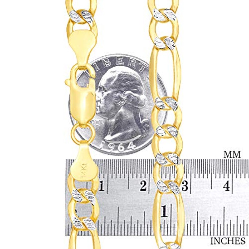 Nuragold 14k 옐로우 골드 솔리드 7.5mm 피가로 체인 링크 다이아몬드 컷 포장 투톤 팔찌, 남성 주얼리 7
