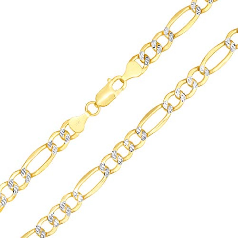 Nuragold 14k 옐로우 골드 솔리드 7.5mm 피가로 체인 링크 다이아몬드 컷 포장 투톤 팔찌, 남성 주얼리 7