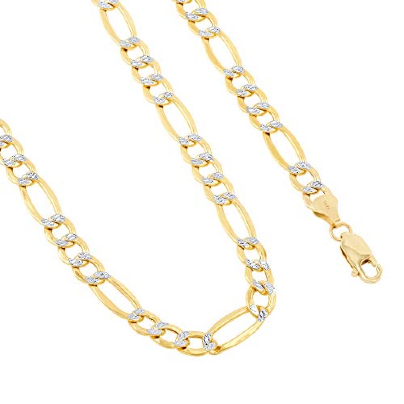 Nuragold 14k 옐로우 골드 솔리드 7.5mm 피가로 체인 링크 다이아몬드 컷 포장 투톤 팔찌, 남성 주얼리 7