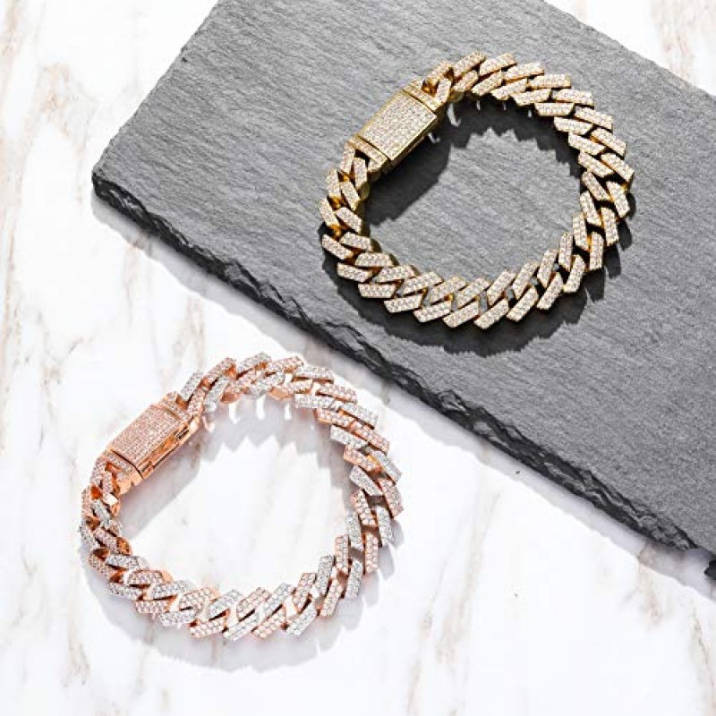 TOPGRILLZ 14mm 6회 14K 골드 충전 아이스 아웃 랩 다이아몬드 마이애미 쿠바 링크 팔찌 남성용 박스 걸쇠 힙합
