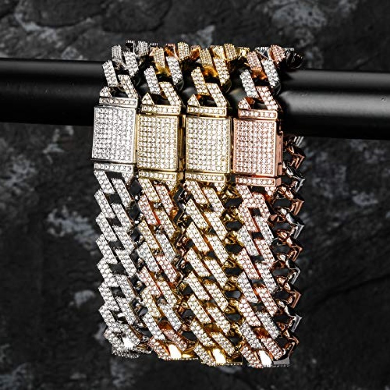 TOPGRILLZ 14mm 6회 14K 골드 충전 아이스 아웃 랩 다이아몬드 마이애미 쿠바 링크 팔찌 남성용 박스 걸쇠 힙합