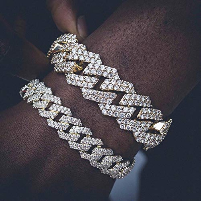 TOPGRILLZ 14mm 6회 14K 골드 충전 아이스 아웃 랩 다이아몬드 마이애미 쿠바 링크 팔찌 남성용 박스 걸쇠 힙합