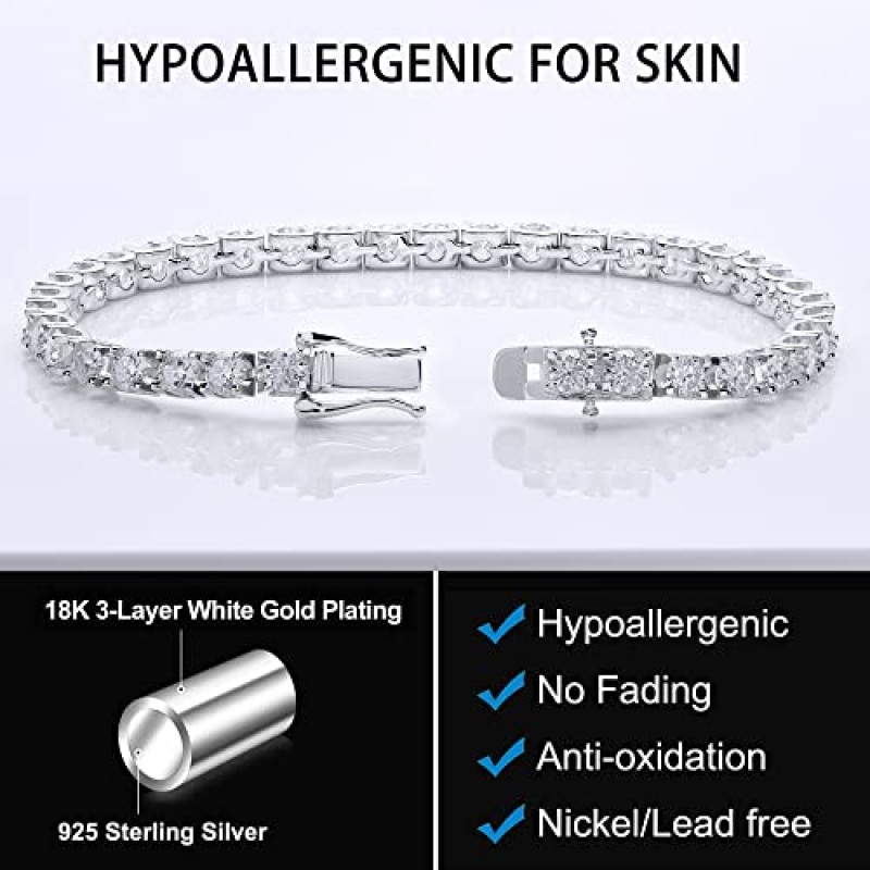 여성용 Moissanite 테니스 팔찌, 18K 화이트/옐로우 골드 도금 스털링 실버 남성용 팔찌 3MM-4MM 실험실에서 신부/생일/발렌타인 데이 선물을 위해 시뮬레이션된 다이아몬드 웨딩 팔찌를 제작했습니다.