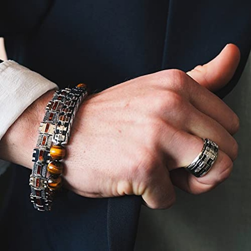 Jewelili 스타워즈™ 파인 주얼리 Wookiee 남성용 팔찌 타이거 아이 샴발라 비즈 실버 및 블랙 로듐