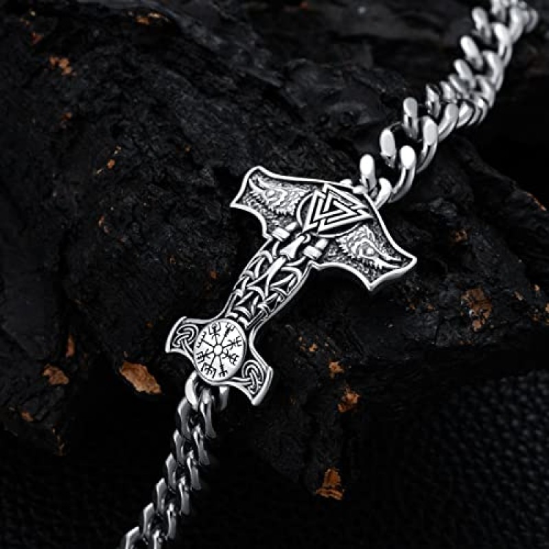 AdamZack 남성용 925 스털링 실버 고딕 바이킹 노르웨이 토르의 망치 팔찌 Mjolnir 빈티지 레트로 고스 펑크 쿨 체인 바이커 팔찌 남성용 패션 주얼리 선물 8.5