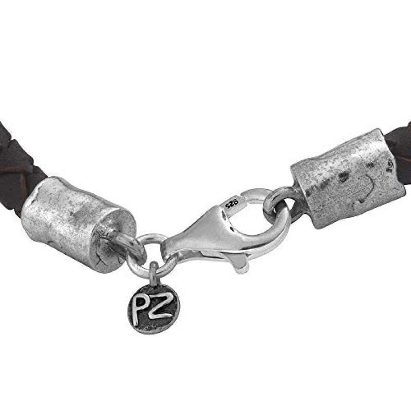 PZ Paz Creations 남성용 925 스털링 실버 팔찌 | 브레이드 디자인 천연가죽 (네이비 블루 또는 다크 브라운) | 8-1/4