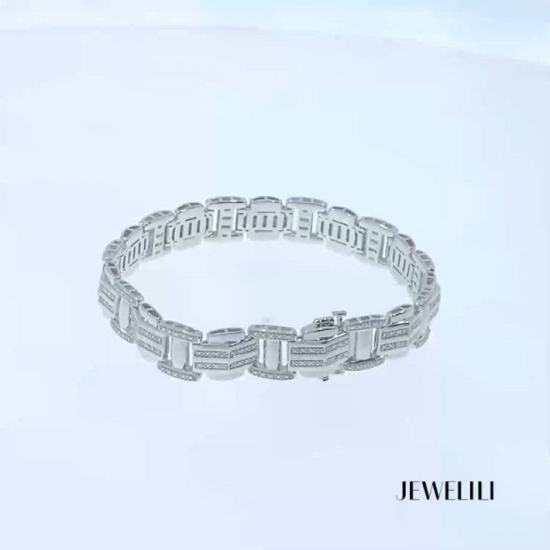Jewelili 남성용 스털링 실버 링크 팔찌, 천연 화이트 라운드 다이아몬드, 1/2 cttw, 8.5