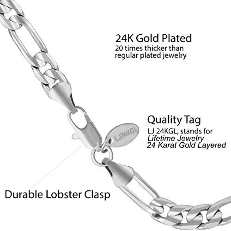 평생 주얼리 4mm & 7mm 피가로 체인 팔찌 24k 골드 도금 남성 및 여성용