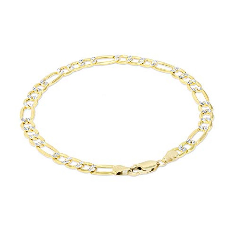 Nuragold 10k 옐로우 골드 5.5mm 피가로 체인 링크 다이아몬드 컷 포장 투톤 팔찌, 남성 여성 주얼리 7