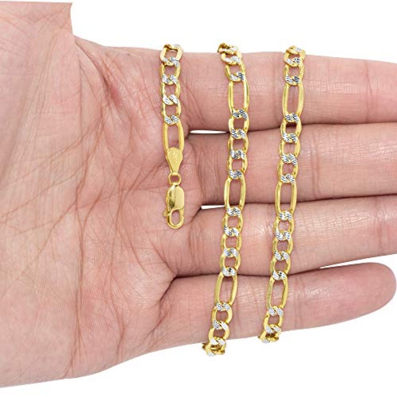 Nuragold 10k 옐로우 골드 5.5mm 피가로 체인 링크 다이아몬드 컷 포장 투톤 팔찌, 남성 여성 주얼리 7