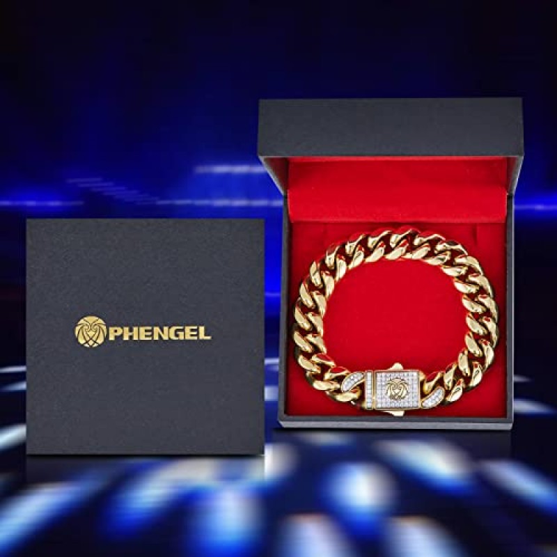 남성용 PHENGEL 쿠바 링크 커브 팔찌, 14K 골드/화이트 골드 마이애미 남성용 팔찌, 남성용 내구성 있는 도시 스트리트웨어 힙합 팔찌, 당사의 크기는 다음과 같습니다: 7.5