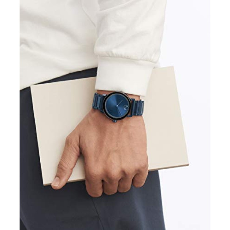 Movado 남성용 Bold Evolution 블루 이온 도금 스틸 케이스 및 링크 팔찌, 블루