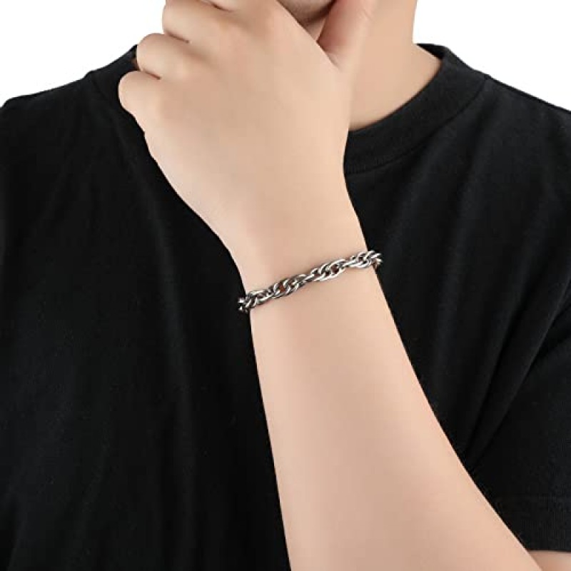 남성 및 여성을 위한 SanThree 7mm 순수 티타늄 트위스트 링크 체인 팔찌, 내구성이 뛰어난 피부 친화적인 브레이드 로프 티타늄 팔찌 쥬얼리 생일 아버지날 선물, 8인치