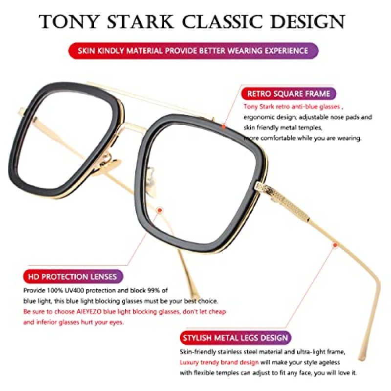 AIEYEZO Tony Stark 선글라스 빈티지 사각 금속 프레임 안경 남성 여성용-Iron Man 및 Edith Sun Glasses