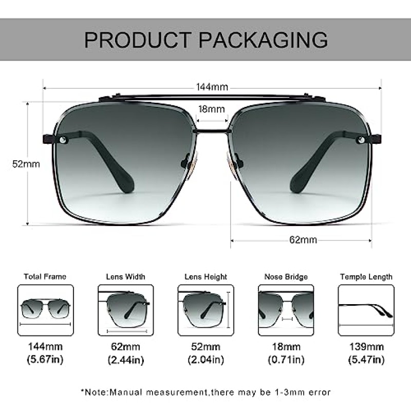 남성과 여성을위한 Dollger Square Aviator 선글라스 패션 금속 빈티지 그라데이션 음영 선글라스 UV400 보호