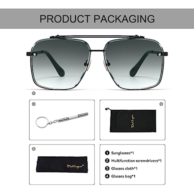 남성과 여성을위한 Dollger Square Aviator 선글라스 패션 금속 빈티지 그라데이션 음영 선글라스 UV400 보호