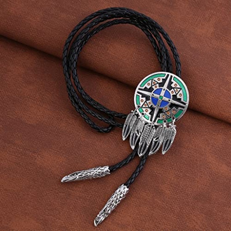 Bolo Tie Dreamcatcher 인도 깃털 서부 카우보이 넥타이 의상 액세서리 남성 여성을위한