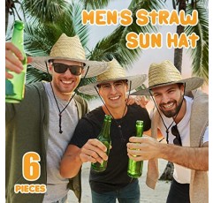 SEEWEY 6 조각 남자 밀짚 태양 모자 와이드 브림 여름 해변 모자 농부 태양 보호 밀짚 모자 이동식 바람 끈 노란색