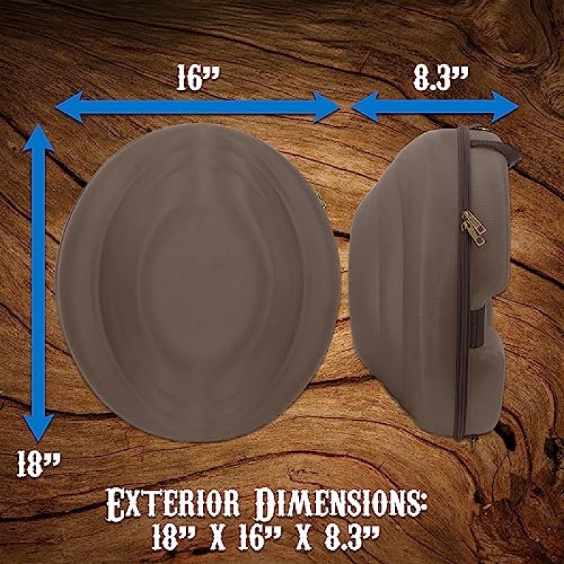 CASEMATIX 카우보이 모자 상자 및 최대 4.75인치 챙용 휴대용 카우보이 모자 보관함 - 운반용 스트랩, ID 슬롯 및 디핑 챙용 폼 인서트가 포함된 하드 쉘 카우보이 모자 케이스, 브라운