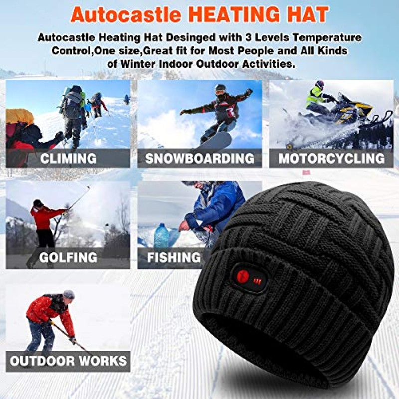 Autocastle 7.4V 가열 모자 남성 여성 배터리 히트 캡 겨울 따뜻한 충전식 전기 배터리 구동 니트 해골 비니