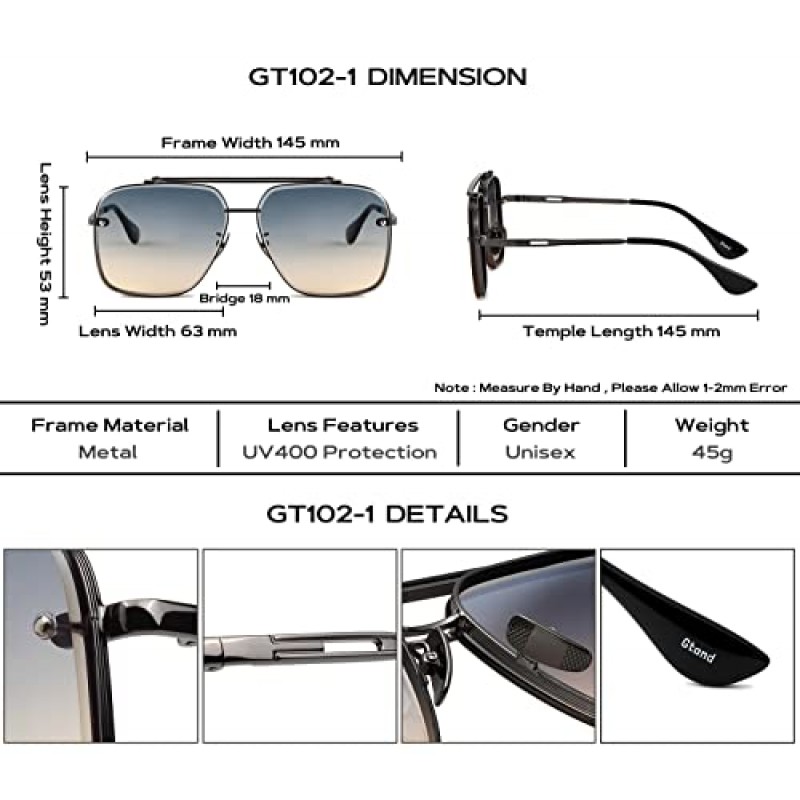 Gtand 패션 오버 사이즈 스퀘어 에비에이터 그라디언트 선글라스 남성 여성 빈티지 금속 선글라스 63mm