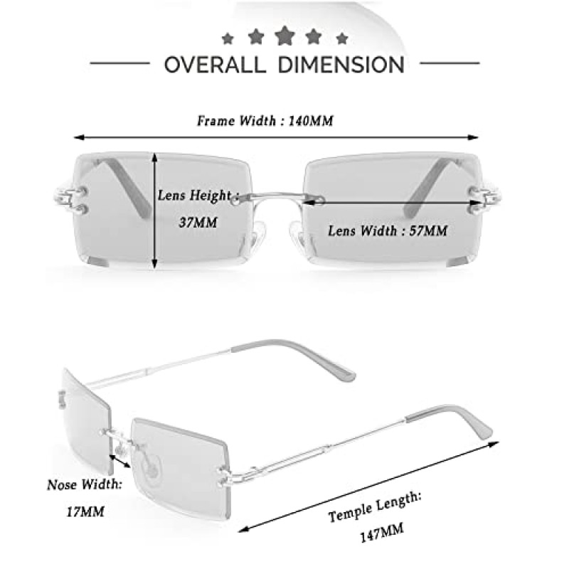 Kursan 남성 여성을위한 작은 무테 선글라스 패션 Frameless 직사각형 태양 안경 음영 UV400 보호