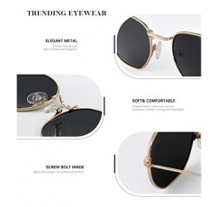 여성 및 남성용 KALIYADI 선글라스, 편광 사각 자외선 차단, 트렌디한 금속 프레임 육각형 선글라스