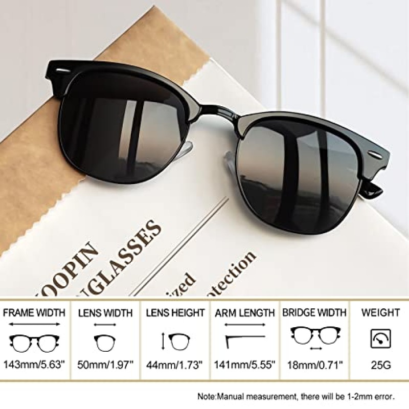 Joopin Polarized Semi Rimless 선글라스 남성 여성, 클래식 하프 프레임 Sun Glasses UV Protection