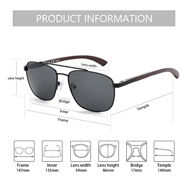 ZENOTTIC Aviator Wood 남성용 편광 선글라스 100% 자외선 차단 낚시 운전 골프