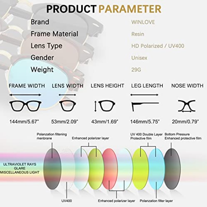 WINLOVE 편광 선글라스 남성과 여성 자외선 차단 클래식 선글라스 TR90 프레임 UV400 보호 선글라스