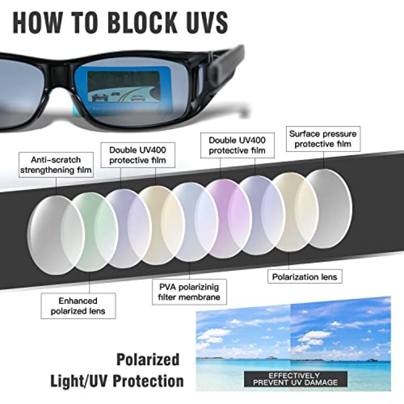 DUCO Wraparound Fitover 안경 남성용 선글라스 위에 편광 착용 UV Protection Sun Glasses Driving 8953