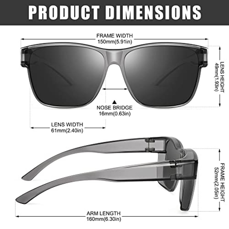 Peekaco 선글라스는 남성용 여성용 안경에 적합하며, 안경 위에 착용하는 경량 사각 편광 선글라스, 자외선 차단