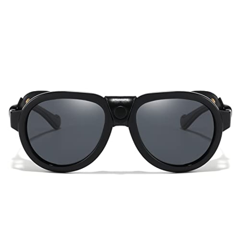 MACJERO Retro Aviator Steampunk 편광 선글라스, 가죽 사이드 쉴드 포함 빈티지 안경 남성 여성용