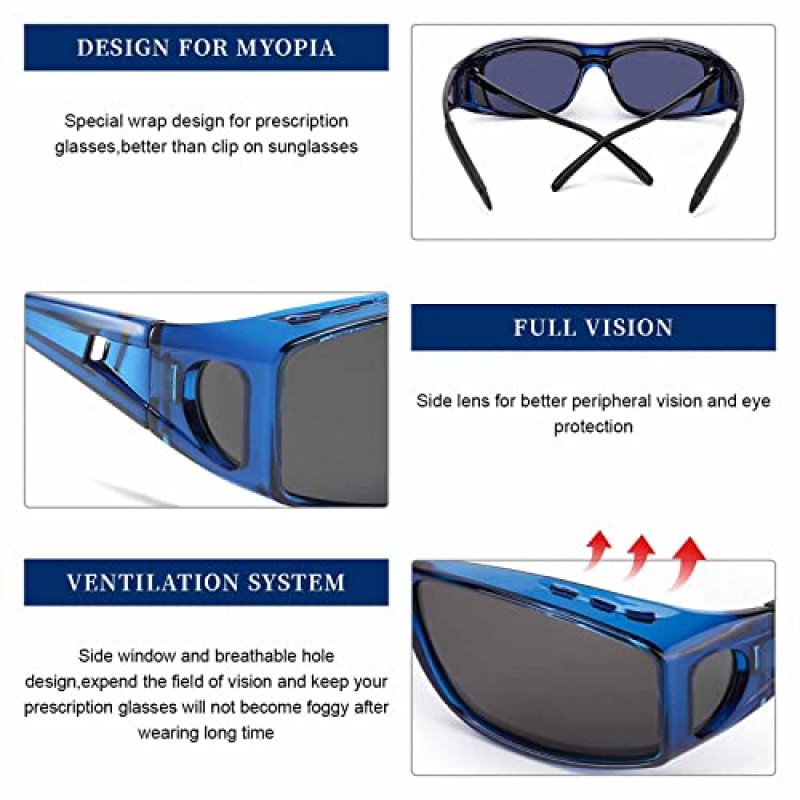 LVIOE 오버 안경 선글라스 남성용 편광 선글라스를 감싸는 여성용 UV 차단 기능이 있는 처방 안경 위에 적합