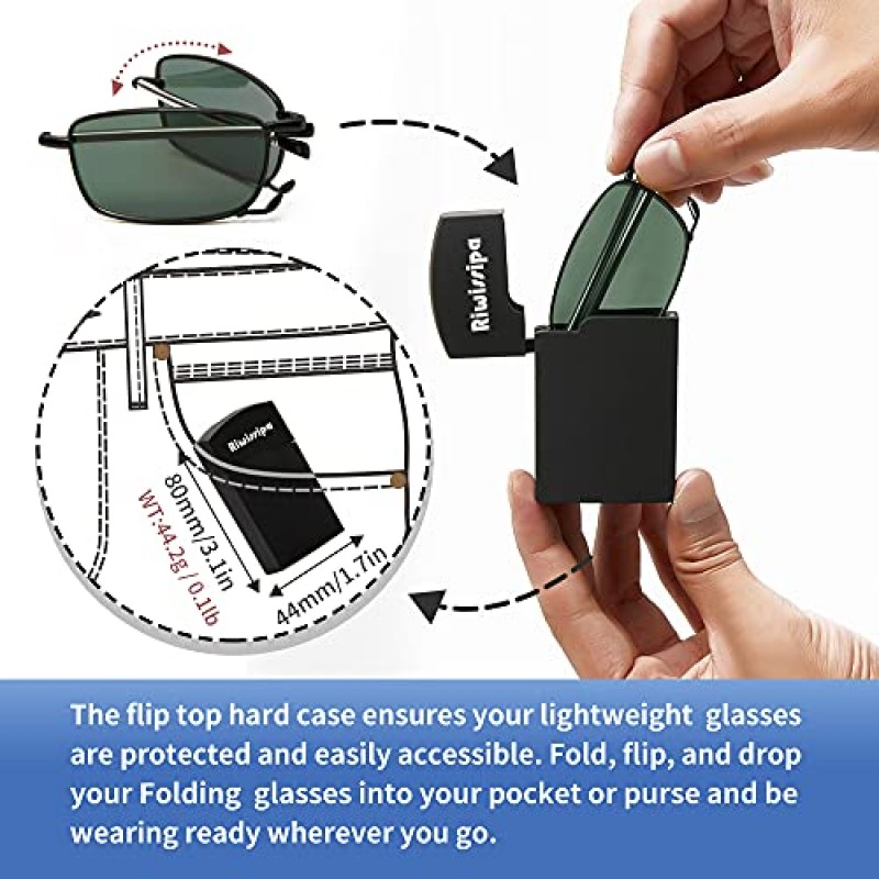Riwissipa 접이식 선글라스, 휴대용 케이스가 포함된 남녀공용 안경 프레임용 접이식 편광 스프링 힌지 선글라스