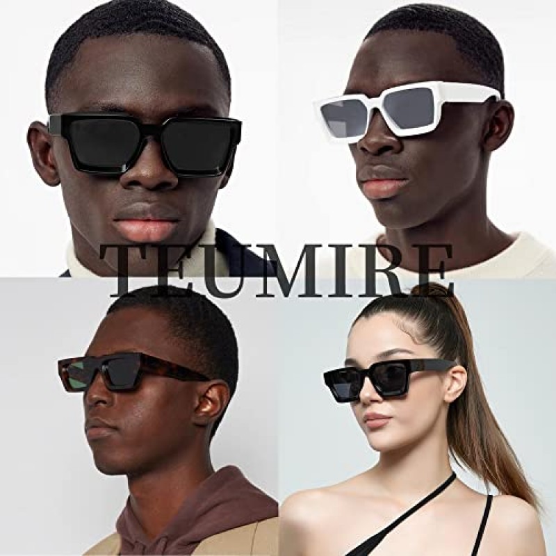 Teumire 여성용 두꺼운 사각형 프레임 선글라스 남성용 Retro Chunky Rectangle Sun Glasses Fashion Black Shades