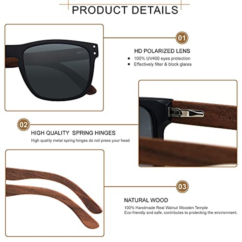 ANDWOOD Mens 선글라스 편광 된 자외선 차단 나무 프레임 비치 선글라스 Womens Square Wood Shades