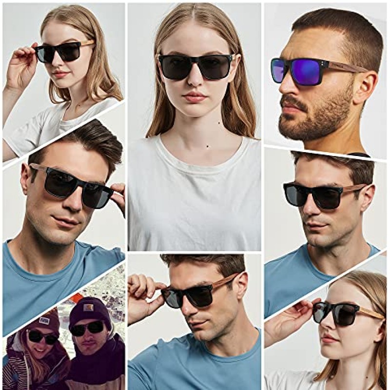 ANDWOOD Mens 선글라스 편광 된 자외선 차단 나무 프레임 비치 선글라스 Womens Square Wood Shades