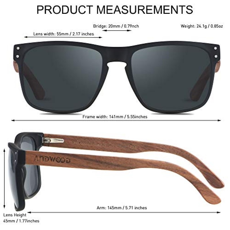 ANDWOOD Mens 선글라스 편광 된 자외선 차단 나무 프레임 비치 선글라스 Womens Square Wood Shades