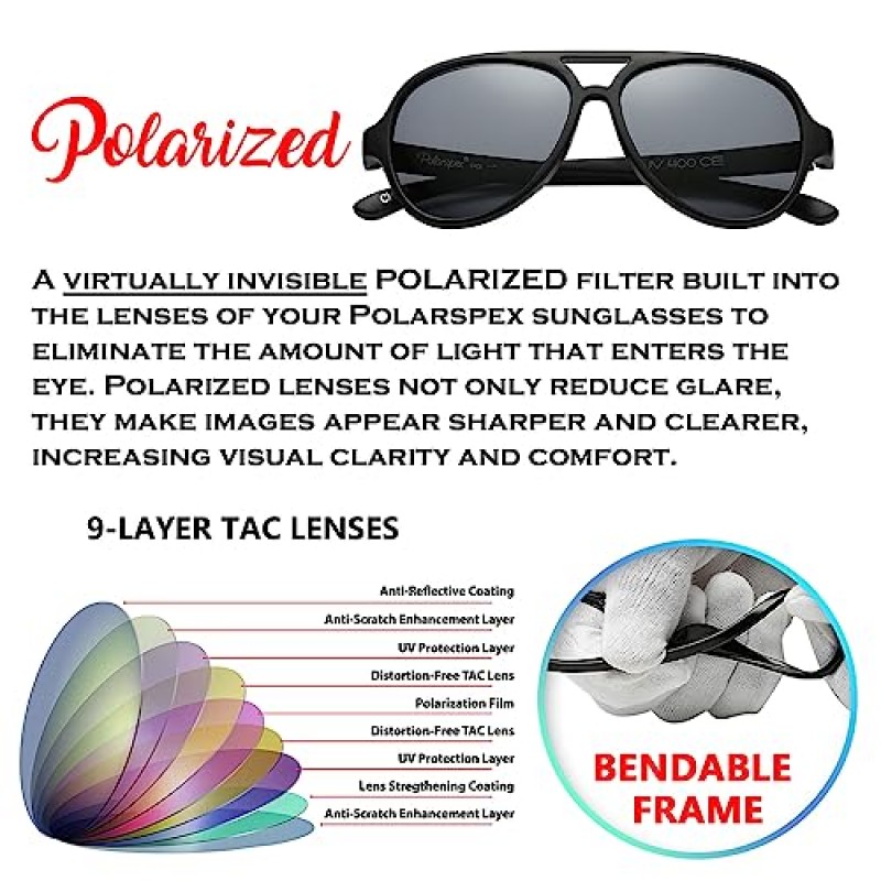 PolarSpex 아동용 선글라스 - 구부릴 수 있는 편광 에비에이터 선글라스 - BPA 프리 - 3-7세