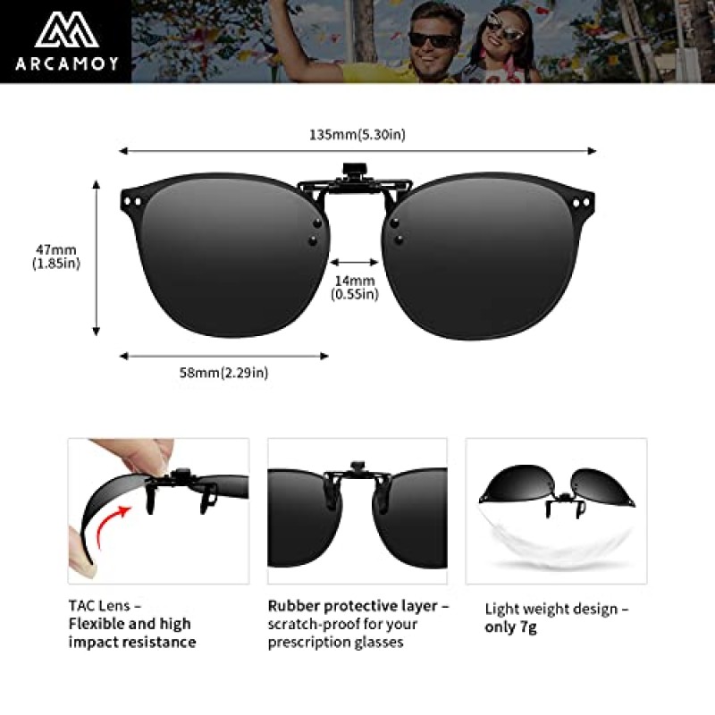 처방 안경 위의 선글라스에 ARCAMOY 클립 Polarized Anti Glare 남성 여성용 자외선 차단 안경 뒤집기