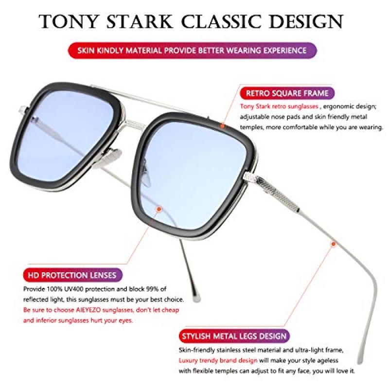 AIEYEZO Tony Stark 선글라스 빈티지 사각 금속 프레임 안경 남성 여성용-Iron Man 및 Edith Sun Glasses