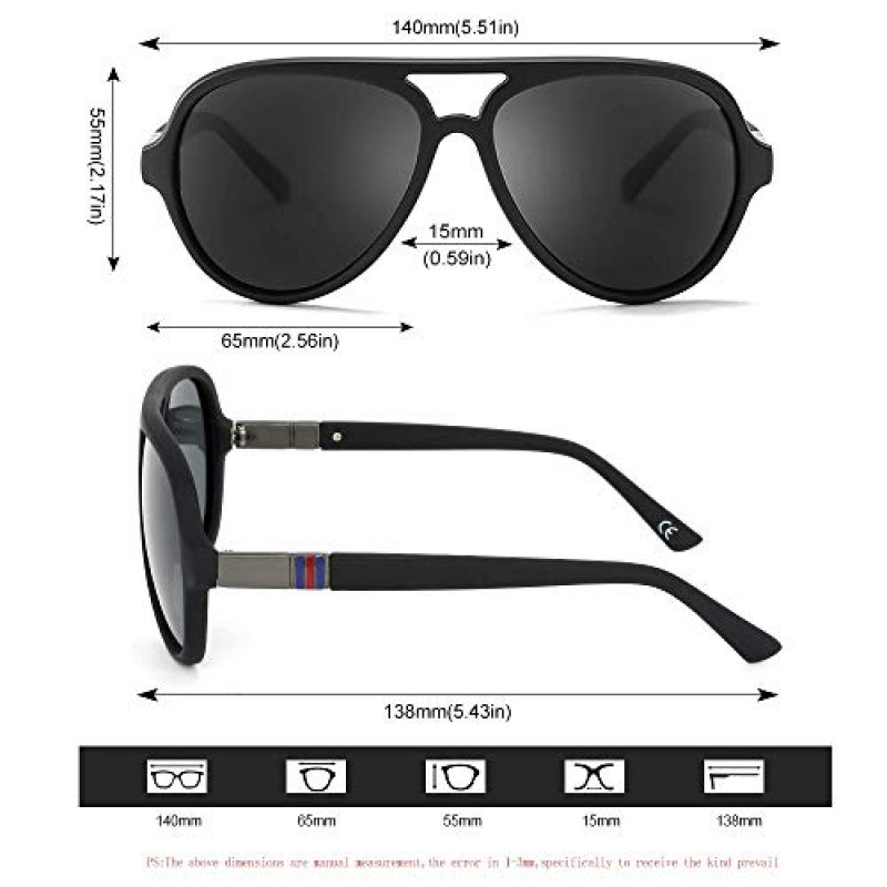 2020 남성용 VentiVenti Aviator 선글라스 편광 렌즈 플라스틱 경량 더블 브리지 프레임 운전용 자외선 차단 매트 블랙 프레임/스모크 렌즈