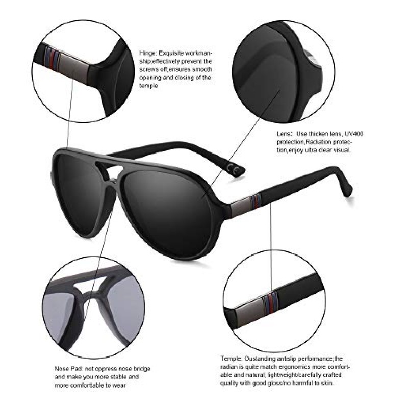 2020 남성용 VentiVenti Aviator 선글라스 편광 렌즈 플라스틱 경량 더블 브리지 프레임 운전용 자외선 차단 매트 블랙 프레임/스모크 렌즈