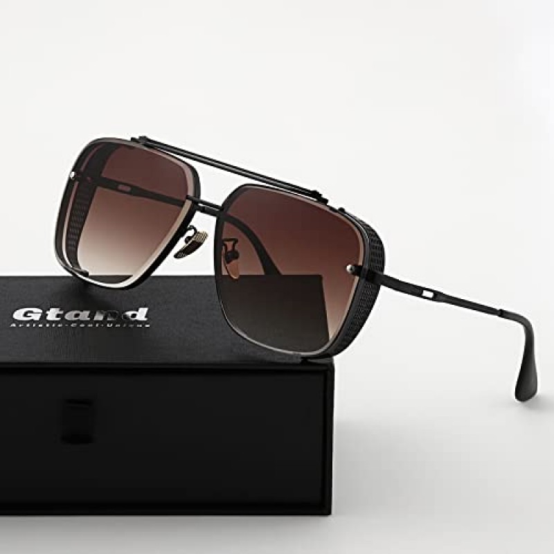 Gtand 패션 오버 사이즈 스퀘어 에비에이터 그라디언트 선글라스 남성용 빈티지 메탈 사이드 쉴드 Steampunk Sun Glasses 64mm
