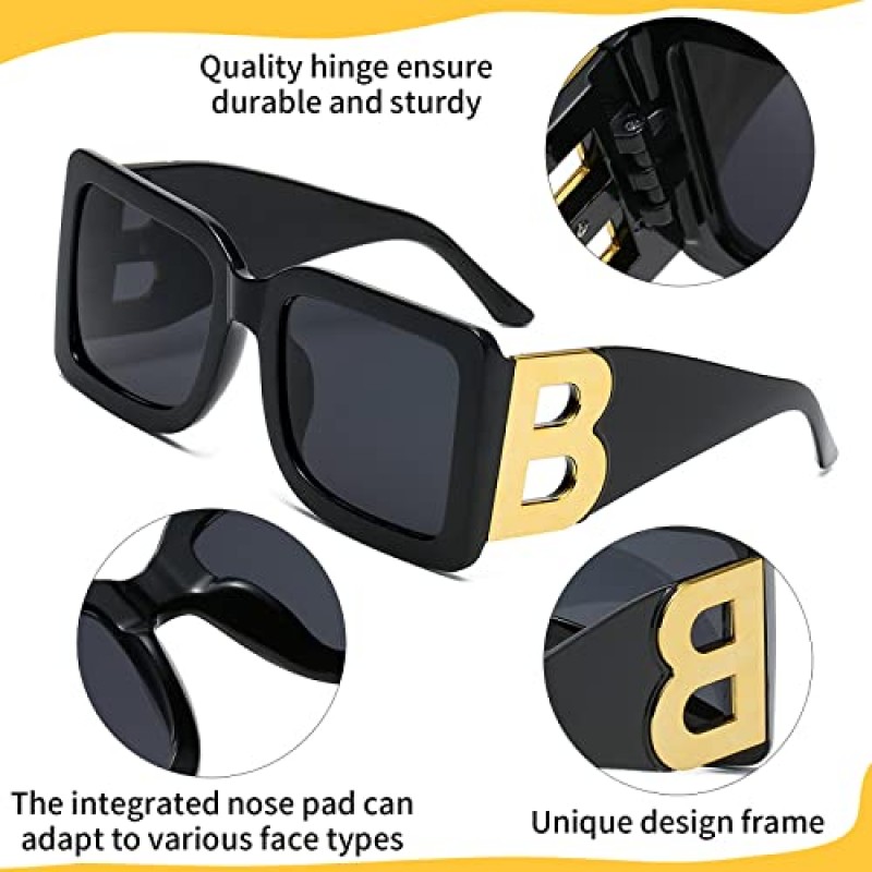YQVIE 6 팩 대형 사각형 선글라스 여성용 남성용 트렌디 골드 B 프레임 빅 선글라스 UV400 보호