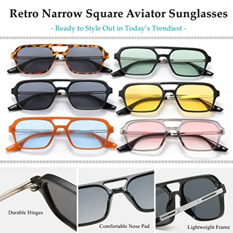 BAWUYI Retro 70s Square Aviator 선글라스 여성용 남성용 트렌디 한 빈티지 플랫 좁은 착색 안경 UV400