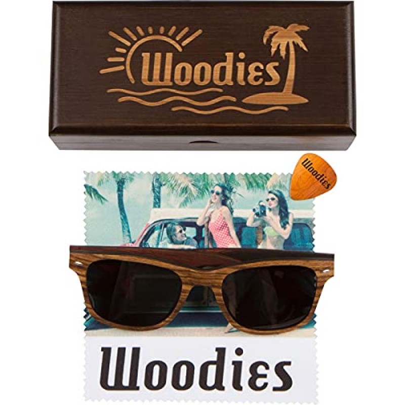 Woodies 편광 렌즈와 대나무 선물 상자가 포함된 올 우드 얼룩말 나무 선글라스 - 스페셜 에디션 새겨진 나무 팔